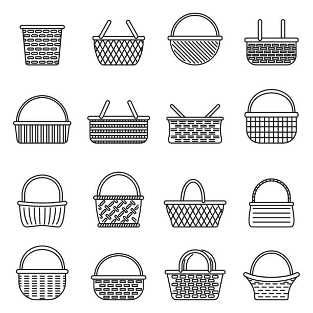 Picnic wicker icons set, outline style Picnic wicker icons set. Outline set of picnic wicker vector icons for web design isolated on white background basket stock illustrations