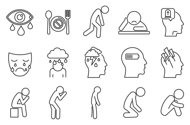 ilustraciones, imágenes clip art, dibujos animados e iconos de stock de iconos de depresión modernos establecidos, estilo de contorno - agotamiento-mental