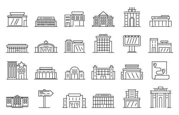 Exhibition center icons set, outline style Exhibition center icons set. Outline set of exhibition center vector icons for web design isolated on white background showroom stock illustrations