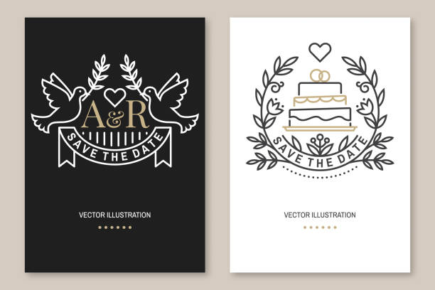 kuvapankkikuvitukset aiheesta hääkutsukortin malli. vektori. ohuen viivan geometrinen merkki. jäsennyskuvake päivämääräkutsukortin rakenteen tallentamiseksi. moderni minimalistinen muotoilu häälinnulla ja lehtien sisustuksella - hääkakku