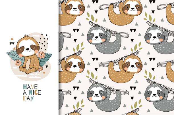 Cartoon cute baby sloth. Kids greeting card and seamless pattern set. Hand drawn tee print and textile design illustration. Jungle animal character. Easy to use file. All paths are closed. RGB color profile. The stroke is converted to curves. Layers are separate and named. Objects can be divided, assembled and remade at your discretion. lazy stock illustrations