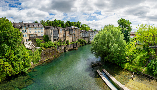a French landscape in the country on the Oloron river. Oloron Sainte Marie, france