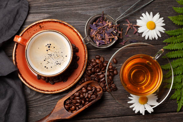 istock Herbal tea in teapot and cup and espresso coffee 1249737896