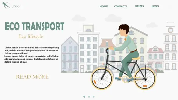 Vector illustration of Concept of landing page on ecology, environmentally friendly transport and healthy, active lifestyle theme. Character man riding on bike, on the street. Web site cover, banner, trendy Illustration