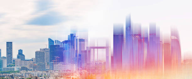 istock Modern buildings development with futuristic glowing colorful light 1249742009
