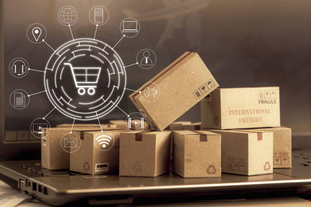 istock Paper boxes on notebook with icon customer network connection. Depicts transportation, international freight, global shipping, overseas trade, regional, or local forwarding. 1249742461