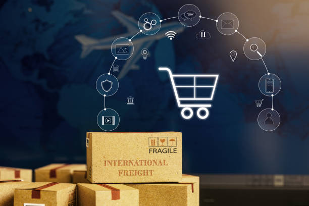 istock Paper boxes on notebook with icon customer network connection. Depicts transportation, international freight, global shipping, overseas trade, regional, or local forwarding. 1249742475