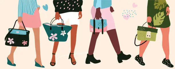 Vector illustration of Set of four pairs female legs and hands with different types of trendy handbags. Shopping girls