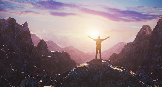 Hiker with arms up outstretched on mountain top looking at inspirational landscape. 3d rendering