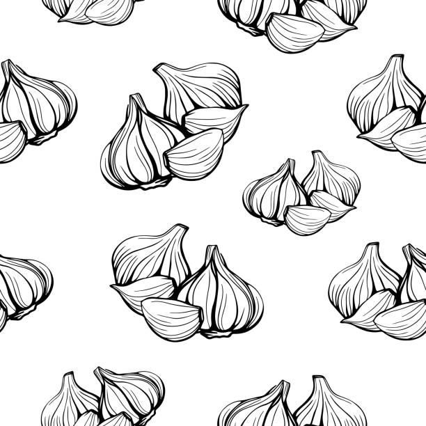 seamless pattern of garlic on a white background.A simple pattern of garlic. vector illustration in the Doodle style seamless pattern of garlic on a white background.A simple pattern of garlic.Hand-drawn vector illustration in the Doodle style. Head of garlic garlic bulb stock illustrations