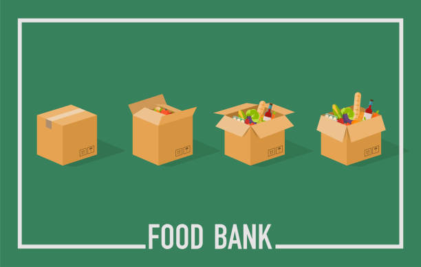 illustrazioni stock, clip art, cartoni animati e icone di tendenza di food bank semplice illustrazione concettuale. è ora di donare. donazione di cibo. scatole piene di cibo. illustrazioni concettuali vettoriali. - organic sign food community