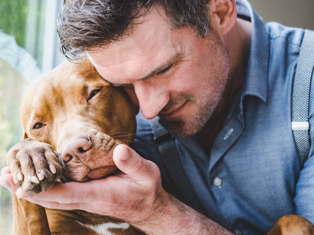 istock Handsome man and a charming puppy. Close-up 1249747523