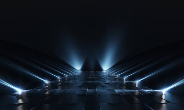 istock Background of empty dark podium with lights and tile floor. 3d rendering 1249748059