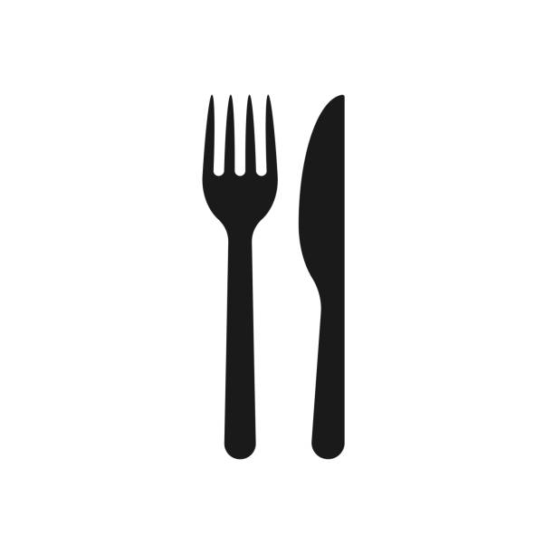 logo ikony widelca i noża. prosty płaski kształt restauracji lub kawiarni znak miejsce. symbol menu kuchni i jadalni. obraz ilustracji wektorowych. izolowane na białym tle. - plate square square shape white stock illustrations