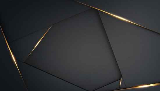 Fondo negro poligonal abstracto y lujoso con detalles dorados. Marco para texto. Renderizado 3d. Plantilla para diseño, banner photo