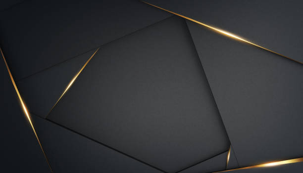 ゴールドのアクセントを持つ抽象的で豪華な多角形の黒の背景。テキストの枠です。3d レンダリング。デザイン用テンプレート、バナー - 黒色 イラスト ストックフォトと画像