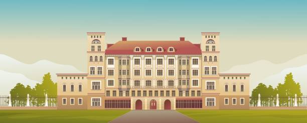 Exterior Facade of a Country Multistory Hotel Exterior Facade of a Country Multistory Hotel Ornate Victorian Style Horizontal Vector Illustration mansion stock illustrations