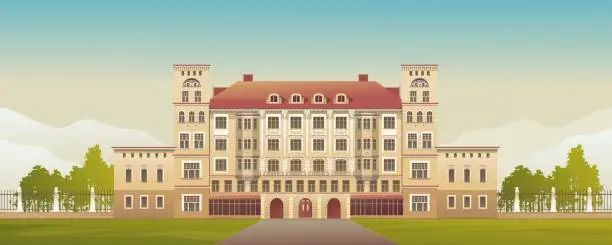 Vector illustration of Exterior Facade of a Country Multistory Hotel