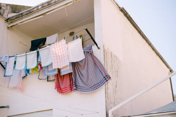 Kitchen towels are dried on the balcony. High quality photo