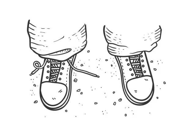 Vector illustration of Hand drawn doodle lifestyle street style illustration of close up feet wearing sneakers shoes with untied lace on one shoe standing on the ground