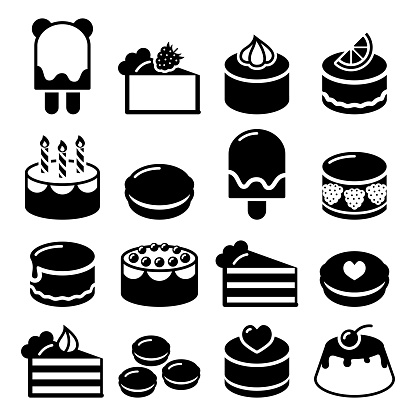 Vector icons set of sweets, pastry in black isolated on white