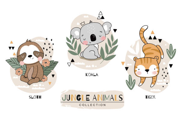 ilustraciones, imágenes clip art, dibujos animados e iconos de stock de conjunto de mascotas caseras salvajes. animales salvajes tigre koala personaje perezoso. animales de la selva lindo diseño de icono. ilustración de dibujos animados dibujada a mano. diseño de superficie. - marsupial