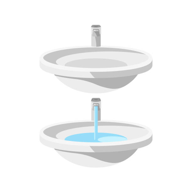 istock Set of two round ceramic sinks with water faucets, empty and faucet-filled sink 3d objects, plumbing illustration 1249756986
