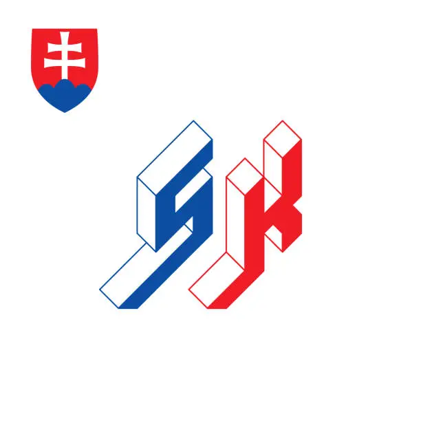 Vector illustration of SK - international 2-letter code or National domain of Slovakia. S and K - Monogram or logotype. Isometric 3d font for design. Outline fonts. Three-dimension letters.