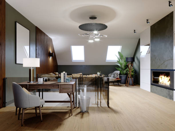istock A modern attic with a living space, a sitting area with a large corner sofa and a fireplace, a working space with a desk, a lot of flowerpots with greenery. 1249757293