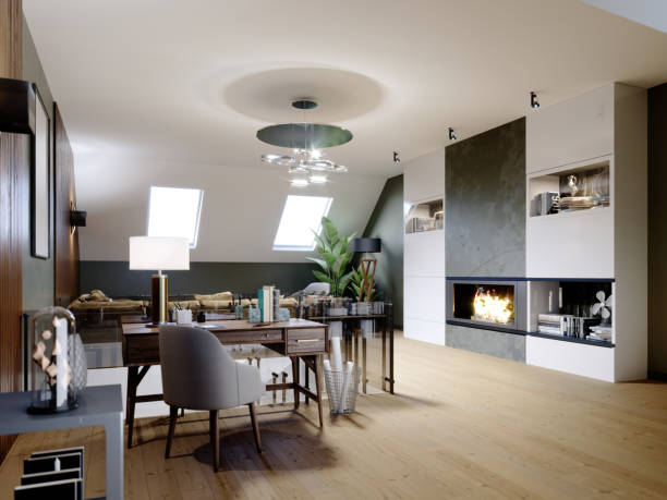 istock A modern attic with a living space, a sitting area with a large corner sofa and a fireplace, a working space with a desk, a lot of flowerpots with greenery. 1249757513