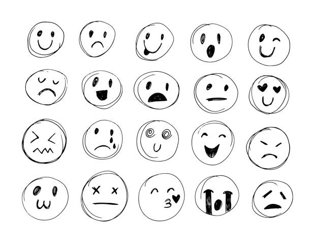 Hand drawn elements Doodle emoticons. Hand drawn pen emoji set. Pencil sketch drawing of the how to draw a crying face stock illustrations