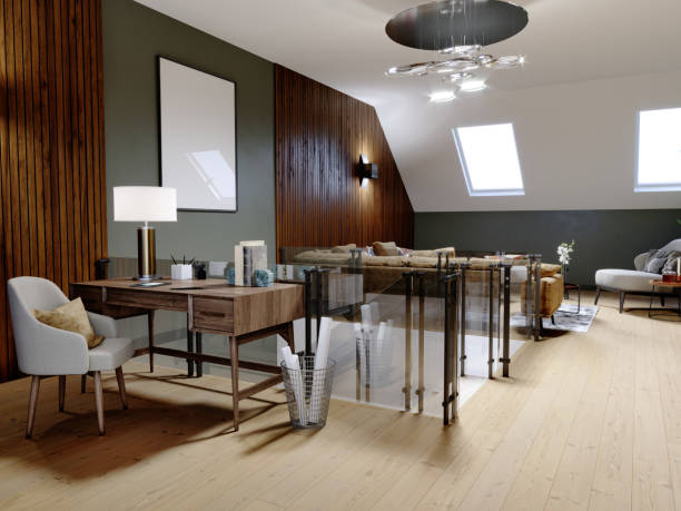 istock A modern attic with a living space, a sitting area with a large corner sofa and a fireplace, a working space with a desk, a lot of flowerpots with greenery. 1249757696