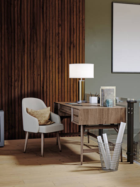 istock Interior loft design with workspace and a desk against a wooden wall, shelving with decor, trash bin. 1249758417