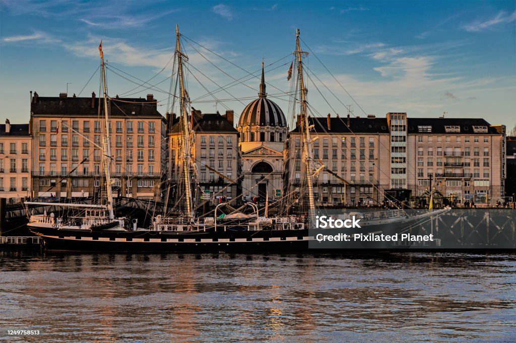 Nantes, France 6th October 2019 Old ship docked in Nantes harbour Nantes, France 6th October 2019 A barque, barc, or bark is a type of sailing vessel with three or more masts Nantes Stock Photo