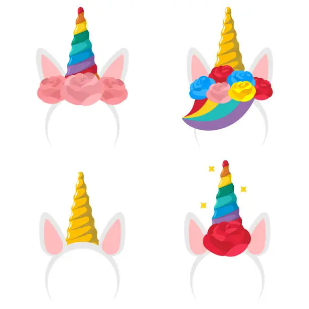 Vector illustration of Unicorn headband cartoon icon set. Vector flat hair clip with a horn, ears, rose flower and rainbow isolated on a white background.