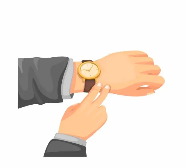 Vector illustration of Hand Check Wristwatch. Office Man Checking to Time in Business. Concept illustration in Cartoon style isolated on White Backround