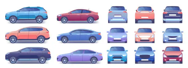 Vector illustration of Modern car vector illustration set, cartoon flat side front back view collection with colorful car and closed trunk, compact city crossover