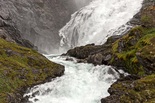 Kjosfossen Waterfall Flows Down Valley by The Station on the Train Between Flam and Myrdal in Norway