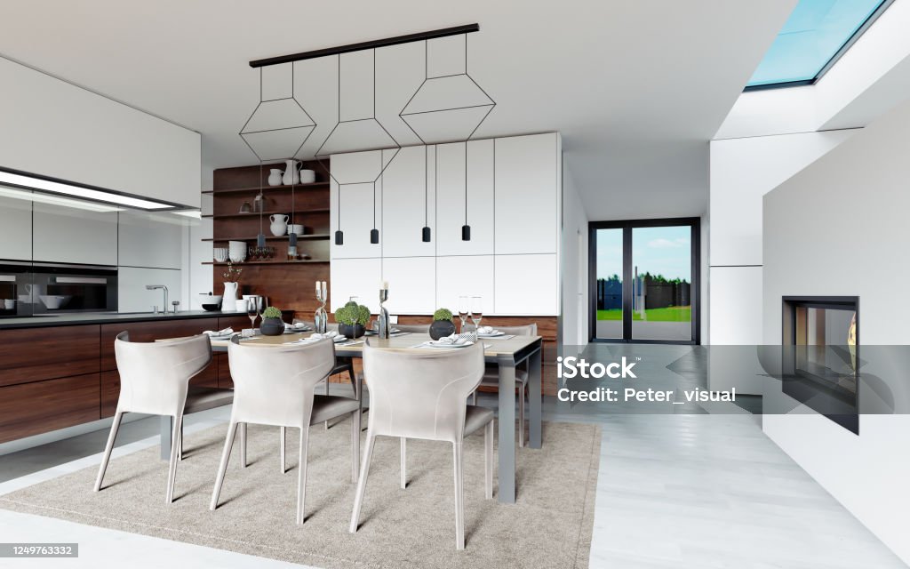 Design dining table set in the kitchen. Contemporary style. Design dining table set in the kitchen. Contemporary style. 3D rendering Luxury Stock Photo