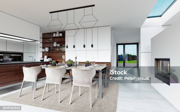 Design Dining Table Set In The Kitchen Contemporary Style Stock Photo - Download Image Now
