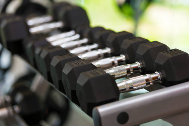 istock Close up view of dumbbells on the rack 1249763385