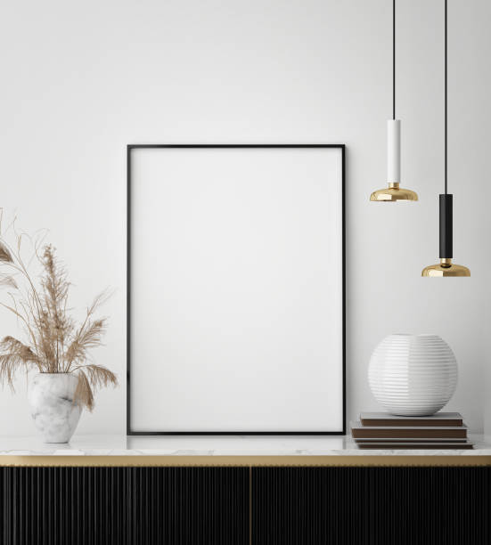 istock mock up poster frame in modern interior background, close up, living room, 3D render 1249763428