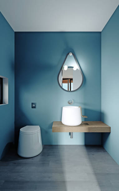 Modern small guest toilet with blue walls, traditional design. Modern small guest toilet with blue walls, traditional design. 3D rendering. guest bathroom stock pictures, royalty-free photos & images
