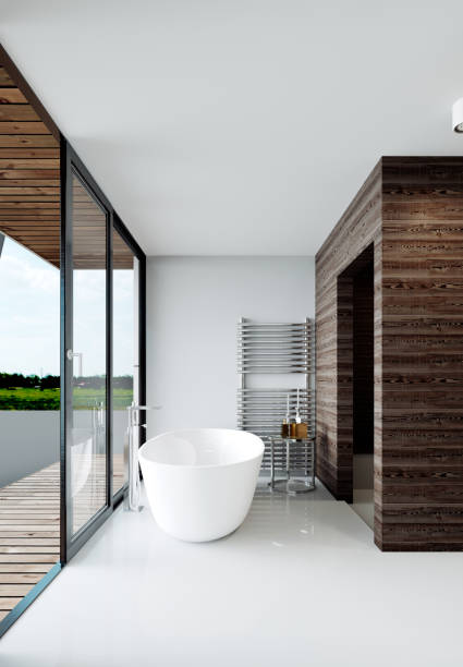 istock Modern nordic style bathroom. Bathroom with a large panoramic window and access to the terrace. 1249764138