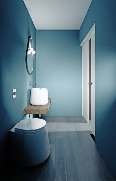 Modern small guest toilet with blue walls, traditional design. 3D rendering.
