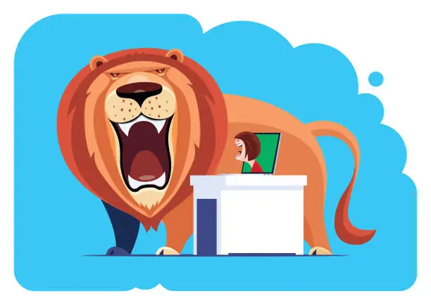 Vector illustration of angry woman conflicting with roaring lion via laptop