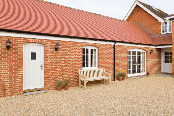 Home extension UK barn conversion Home extension or addition, UK barn conversion to provide a single storey granny annexe, annex bungalow extensions stock pictures, royalty-free photos & images