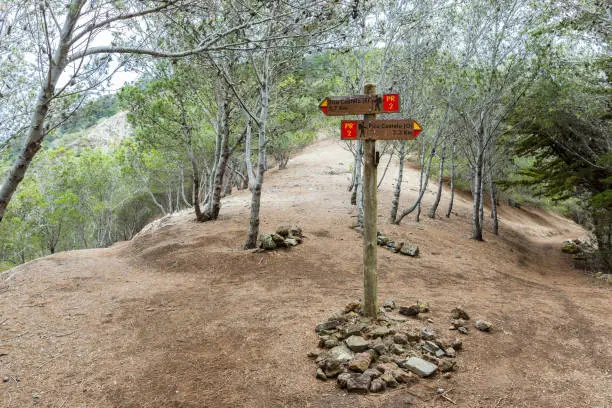 The PR2 footpath sign to "Pico Castelo" east and west side at "Pico do Facho" peak in Porto Santo island, Portugal