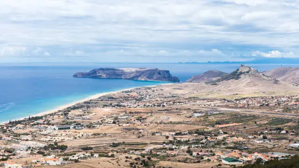 Panoramic view of "Porto Santo" island from Pico Castelo viewpoint, Porto Santo, Madeira, Portugal