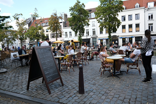 Customers take advantage of the terrace of the bar/restaurant, as the HORECA sector reopens in Brussels, Belgium, 13 June 2020.